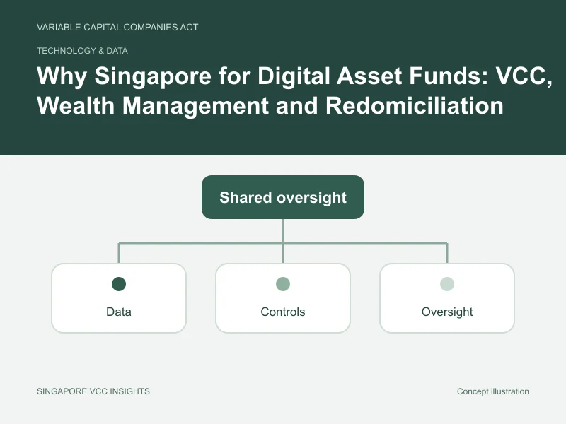 Technology & data illustration for Why Singapore for Digital Asset Funds: VCC, Wealth Management and Redomiciliation