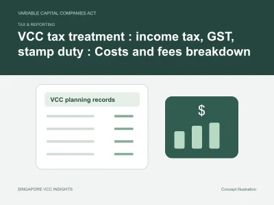 Tax & reporting illustration for VCC tax treatment : income tax, GST, stamp duty