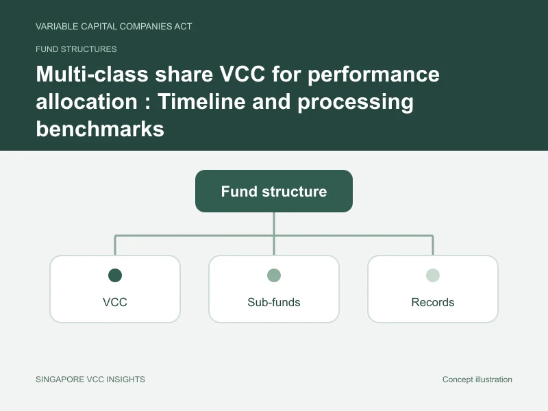Fund structures illustration for Multi-class share VCC for performance allocation : Timeline and processing benchmarks