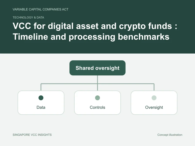 Technology & data illustration for VCC for digital asset and crypto funds : Timeline and processing benchmarks