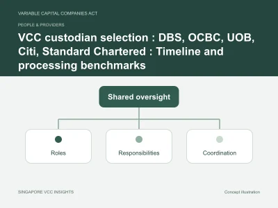 People & providers illustration for VCC custodian selection : DBS, OCBC, UOB, Citi, Standard Chartered : Timeline and processing benchmarks