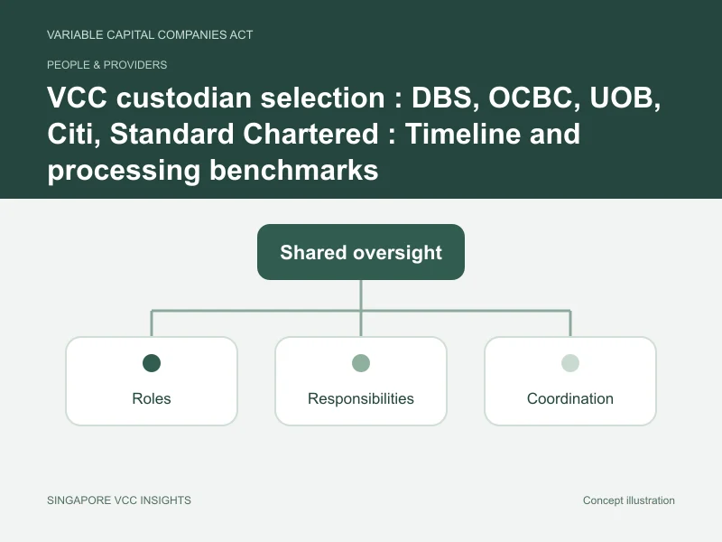 People & providers illustration for VCC custodian selection : DBS, OCBC, UOB, Citi, Standard Chartered : Timeline and processing benchmarks