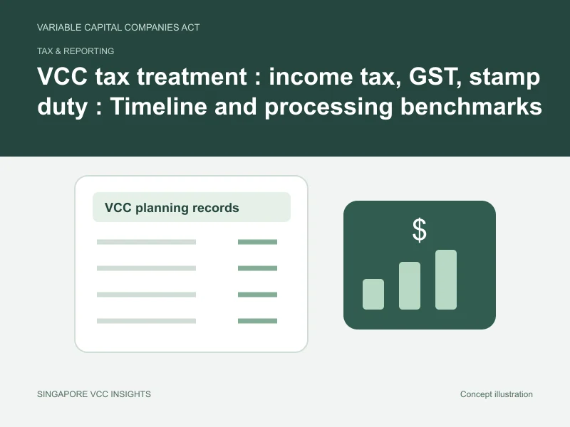 Tax & reporting illustration for VCC tax treatment : income tax, GST, stamp duty : Timeline and processing benchmarks