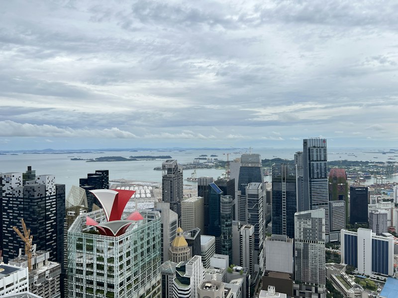Aerial view of Singapore's Central Area office towers under a cloudy sky, with the sea and southern islands beyond