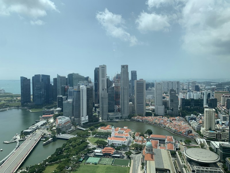 Aerial view of Singapore's central business district skyline and the Singapore River on a clear day
